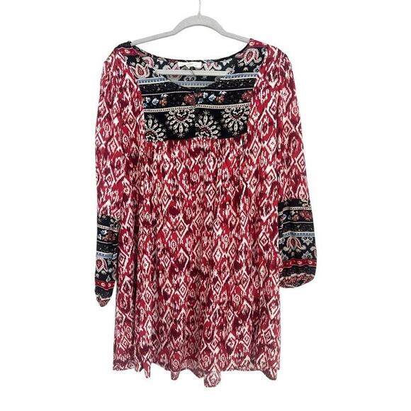 Entro Flowy Shift Mini Dress Size Small Red Geometric Hippie Boho Artsy Retro - Picture 1 of 7